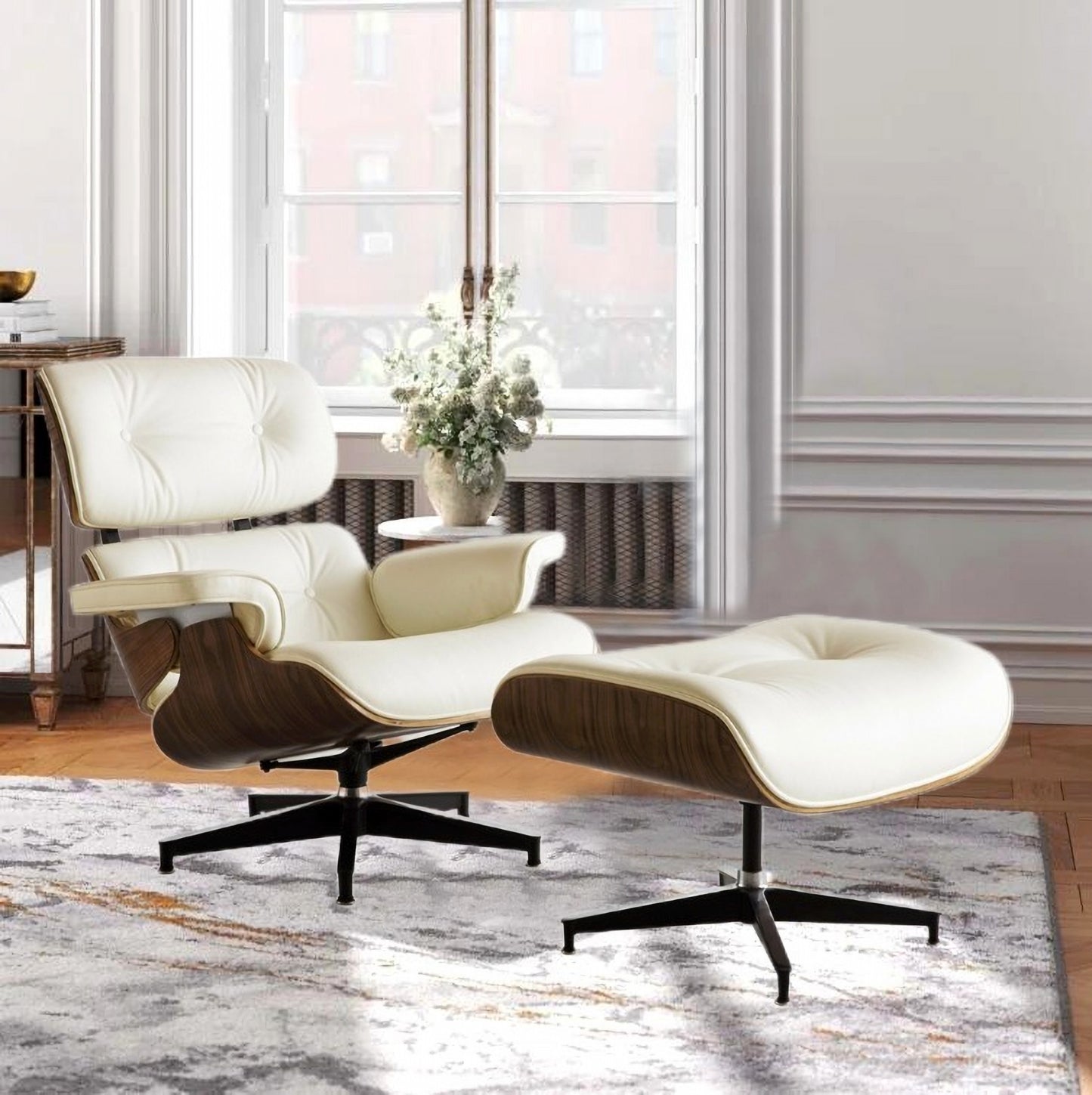35" Beige Tufted Leather And Dark Brown Swivel Lounge Chair with Ottoman