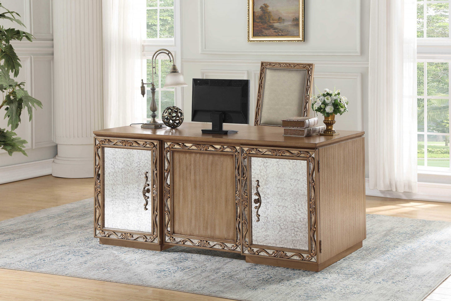 32" Brown Mirrored Executive Desk With Two Cabinets