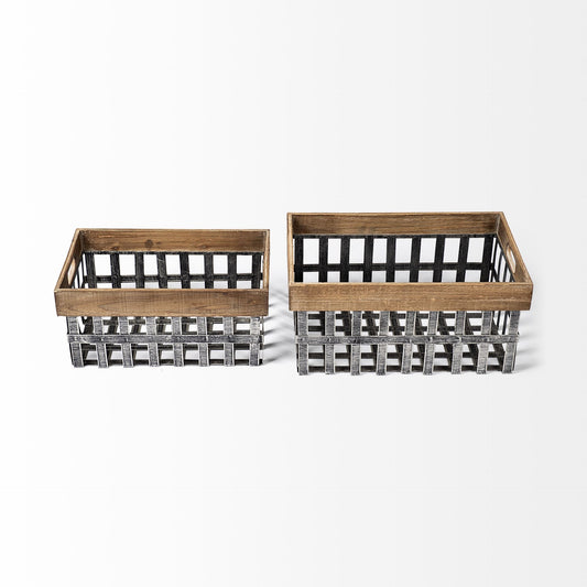 Set Of Two Wood And Metal Crate Baskets