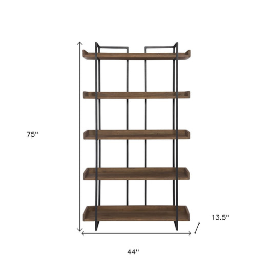 75" Light Brown Solid Wood and Metal Five Tier Industrial Bookcase