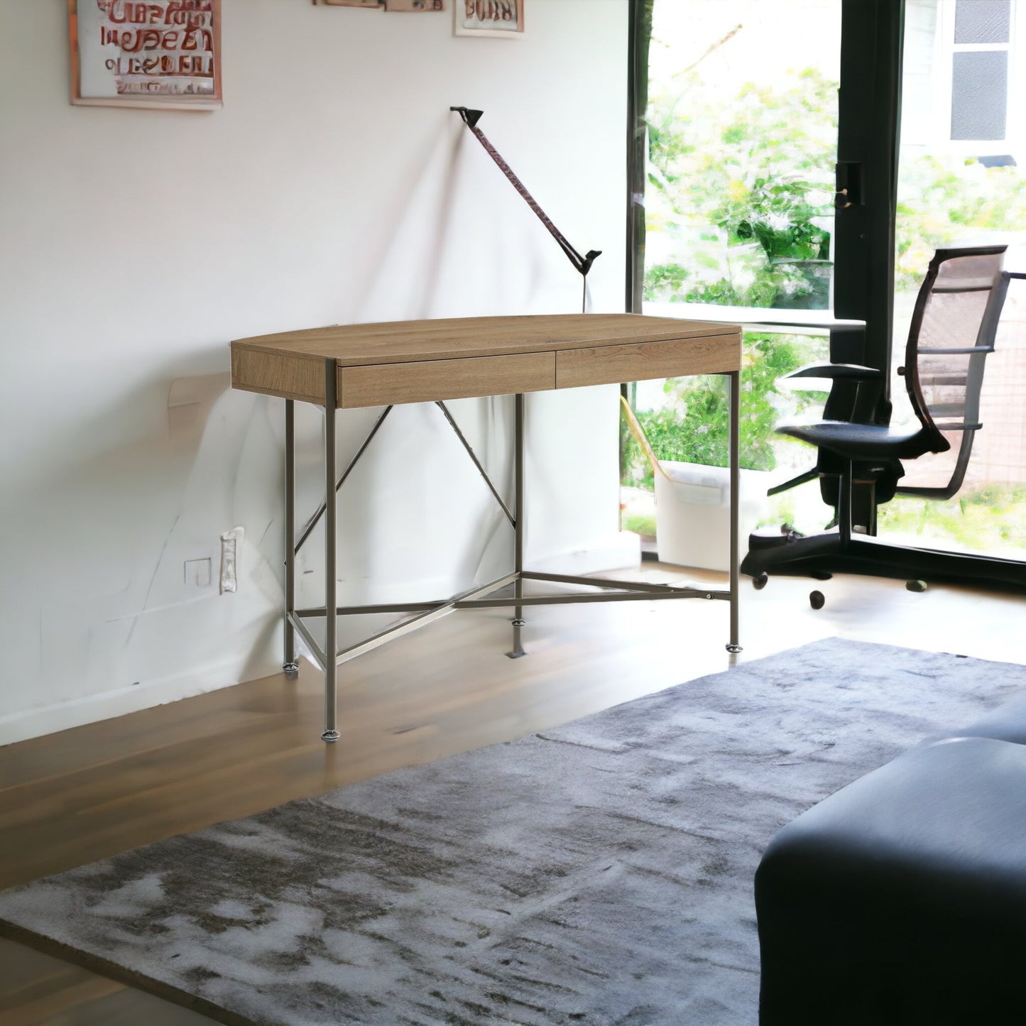 45" Natural and Bronze Half Circle Writing Desk With Two Drawers