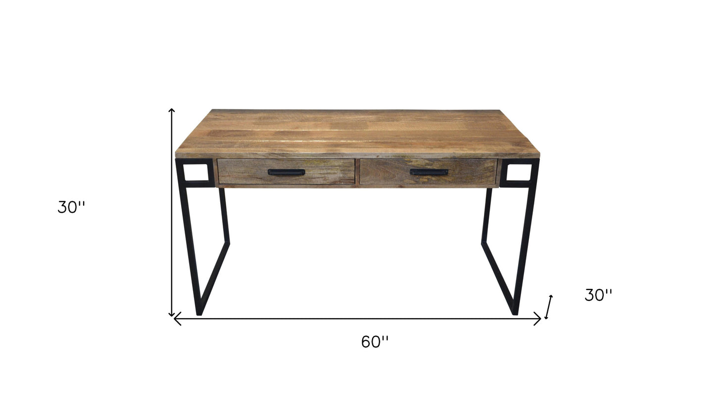 60" Natural And Black Mango Solid Wood Writing Desk With Two Drawers