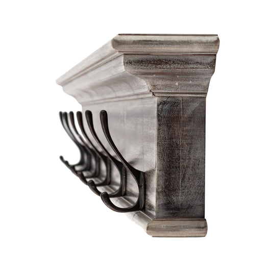 Rustic Natural Brown Gray Wash Wood Six Hook Hanging Coat Rack