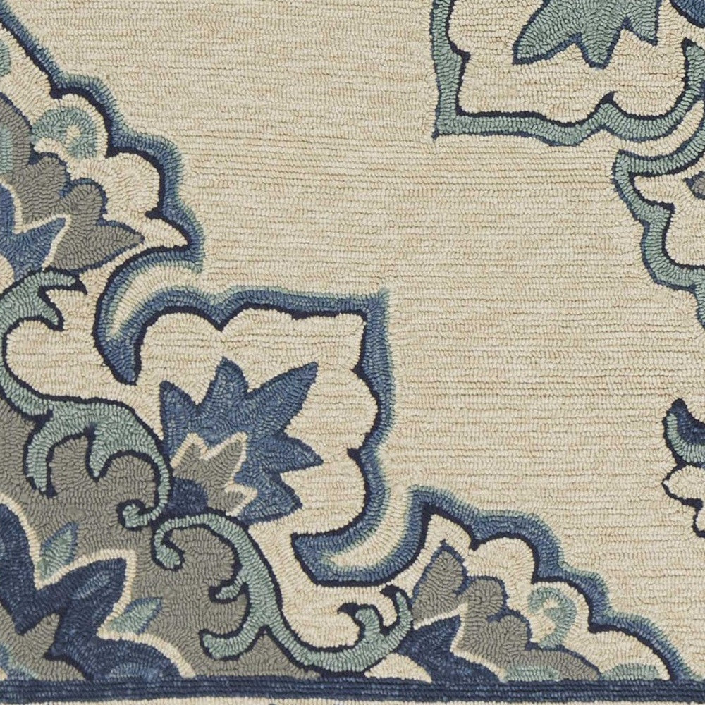 3'X5' Ivory Blue Hand Hooked Floral Medallion Indoor Outdoor Area Rug