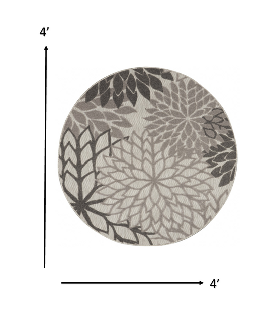4' Round Gray Round Floral Indoor Outdoor Area Rug