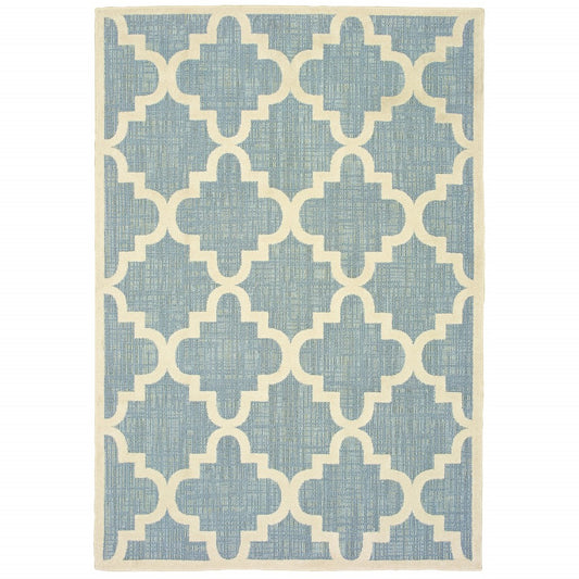 7' x 10' Blue and Ivory Moroccan Indoor Outdoor Area Rug