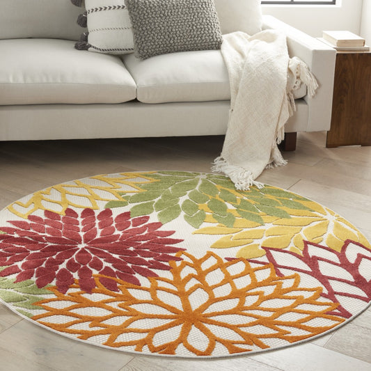 5' Round Green And Ivory Round Floral Indoor Outdoor Area Rug
