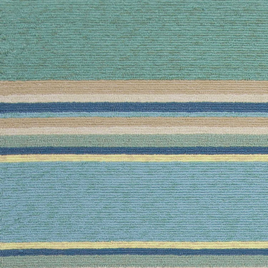2'X3' Ocean Blue Hand Hooked Uv Treated Awning Stripes Indoor Outdoor Accent Rug