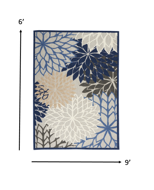 6' X 9' Blue And Gray Floral Indoor Outdoor Area Rug