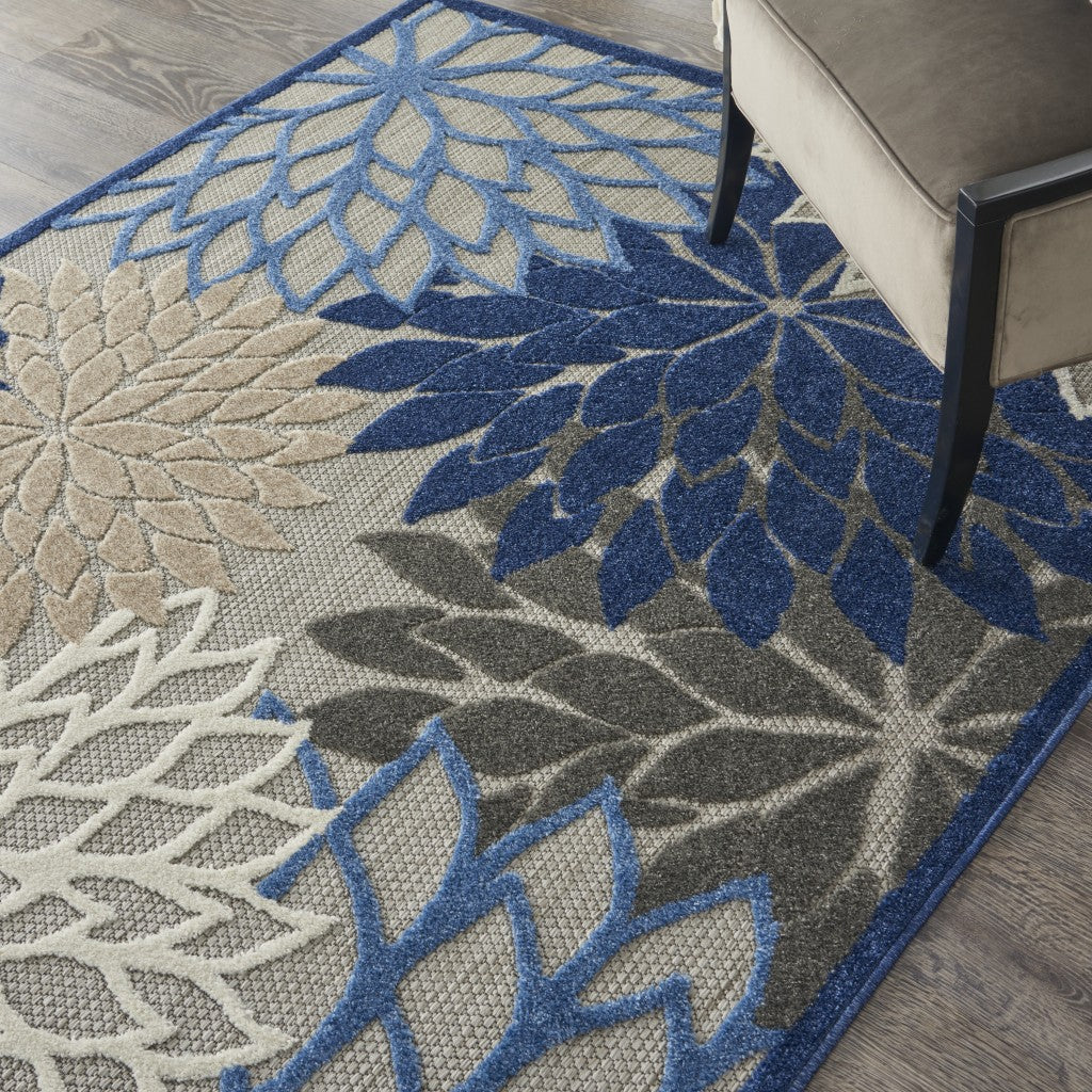 6' X 9' Blue And Gray Floral Indoor Outdoor Area Rug