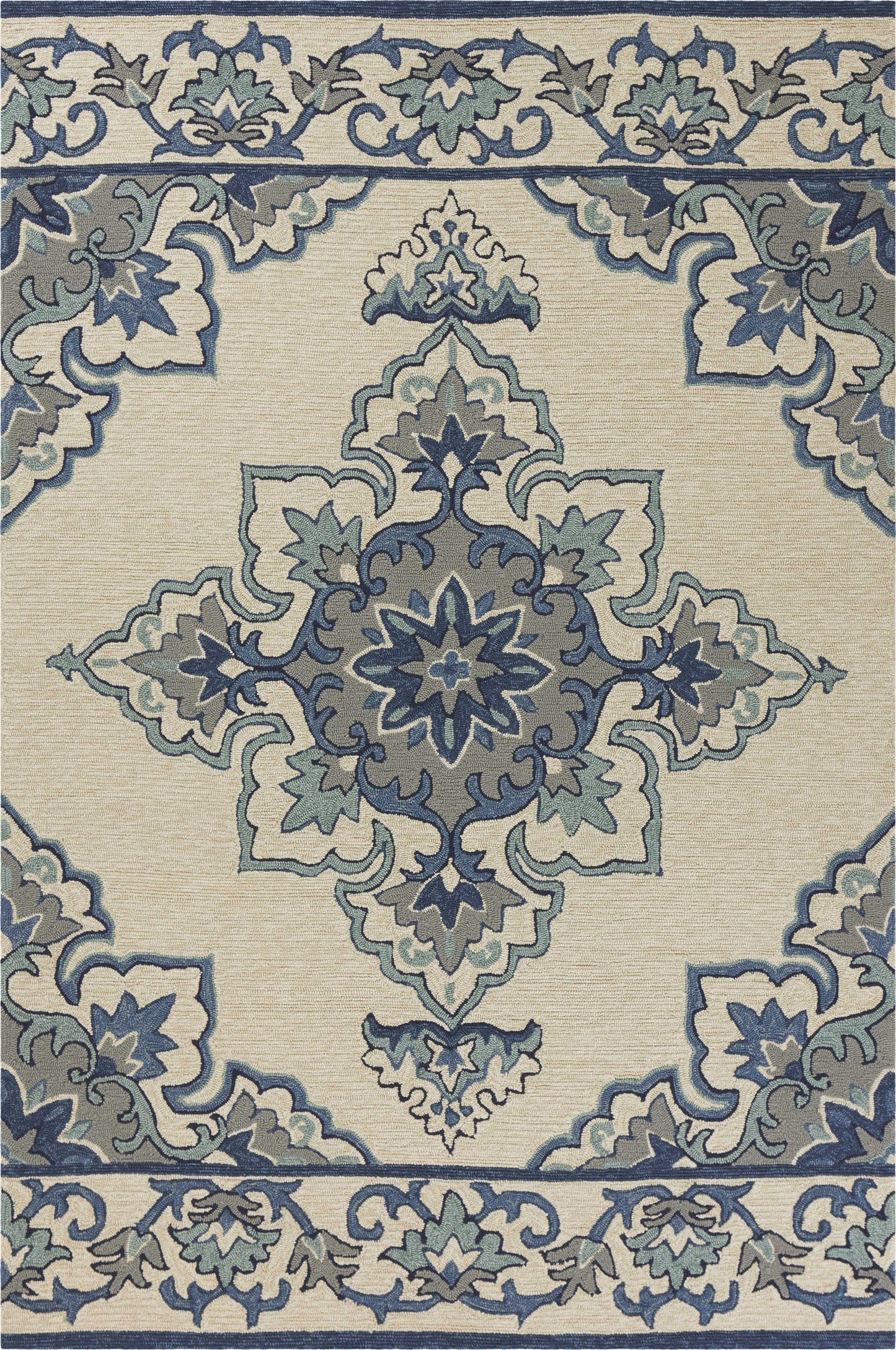 2'X3' Ivory Blue Hand Hooked Floral Medallion Indoor Outdoor Accent Rug