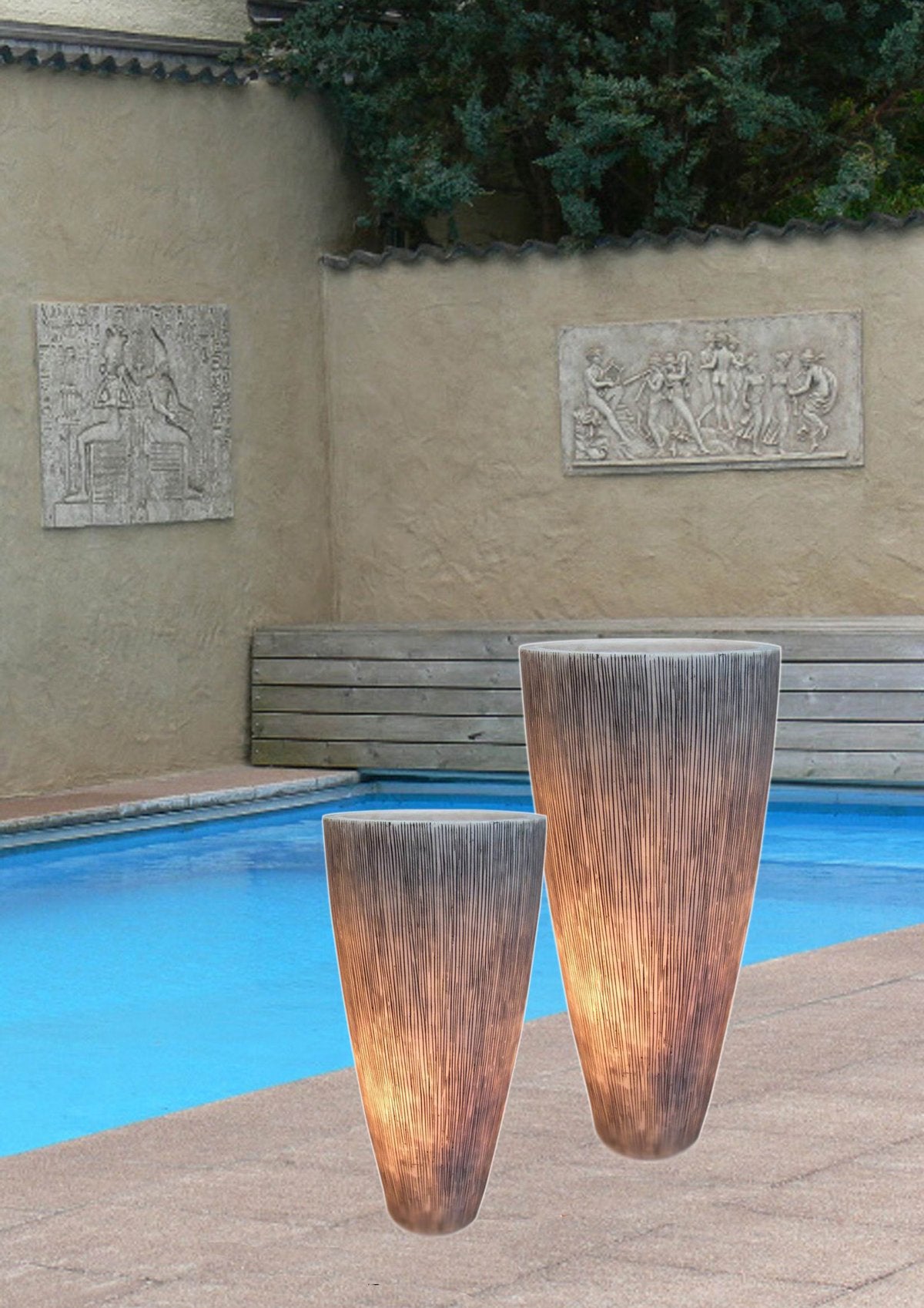 1 X 18 X 39 Gray Sandstone Ribbed Long Conical Planter With Light