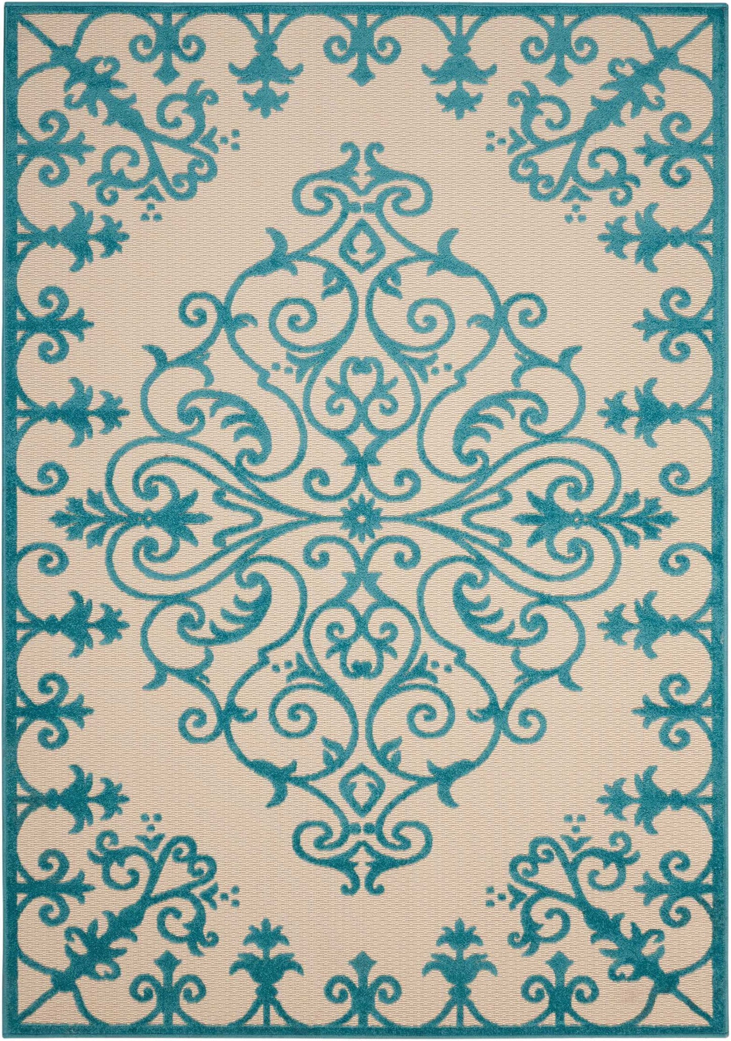 5' X 8' Aqua Damask Indoor Outdoor Area Rug