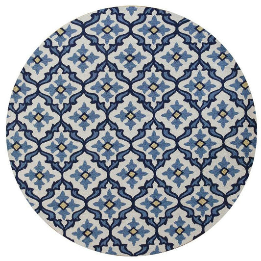 8'  Ivory Blue Hand Hooked Uv Treated Coastal Reef Round Indoor Outdoor Area Rug