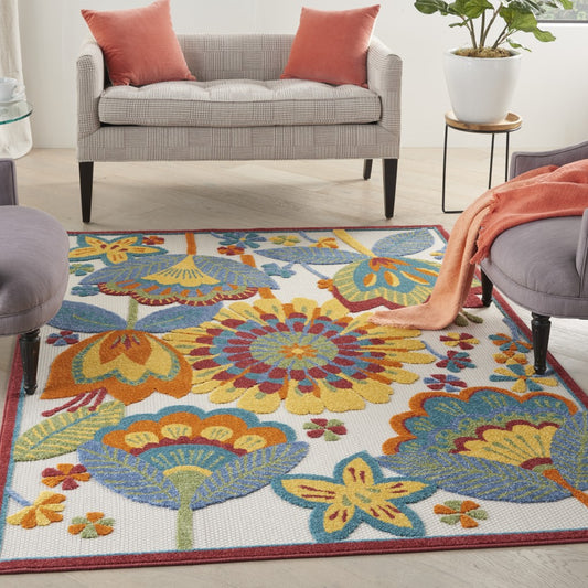 4' X 6' Yellow And Ivory Floral Indoor Outdoor Area Rug