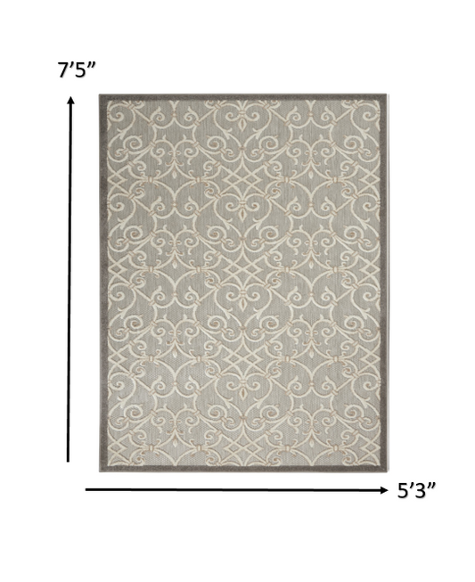 5' X 8' Gray And Ivory Floral Indoor Outdoor Area Rug
