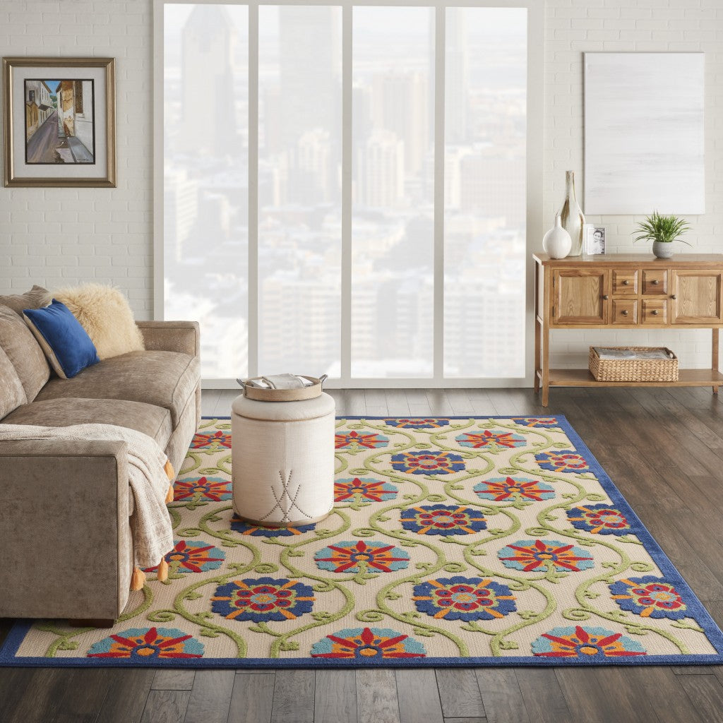 7' X 10' Ivory And Blue Floral Indoor Outdoor Area Rug