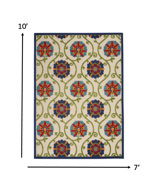 7' X 10' Ivory And Blue Floral Indoor Outdoor Area Rug