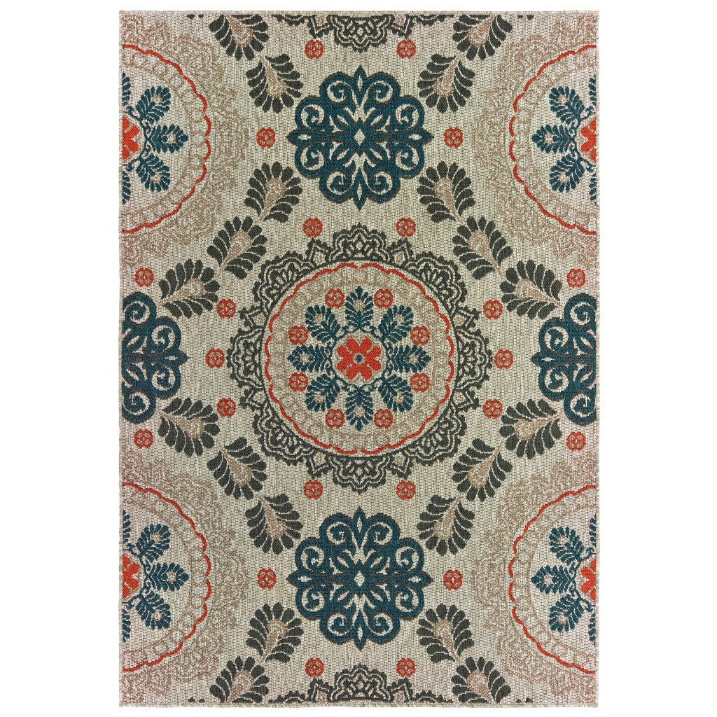 3' X 5' Blue and Gray Damask Indoor Outdoor Area Rug