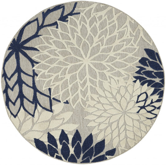 4' Round Ivory And Blue Round Floral Indoor Outdoor Area Rug