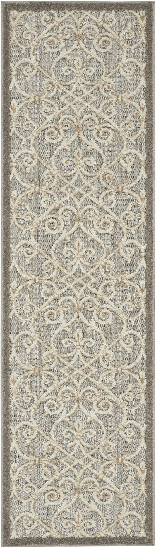 2' X 10' Gray And Ivory Floral Indoor Outdoor Area Rug