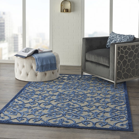 4' X 6' Blue And Gray Floral Indoor Outdoor Area Rug