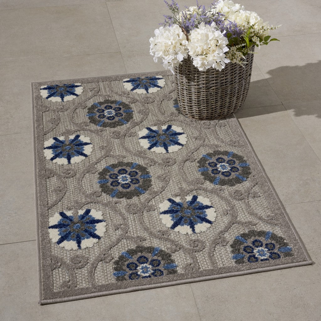 3' X 4' Blue And Gray Floral Indoor Outdoor Area Rug