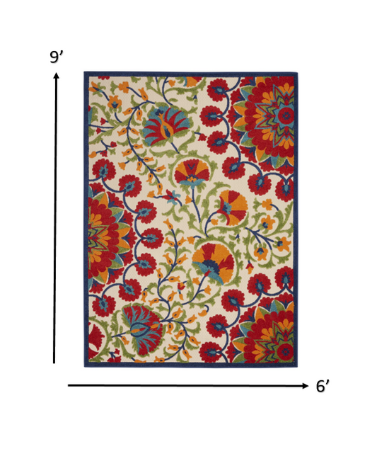 6' X 9' Red And Ivory Floral Indoor Outdoor Area Rug