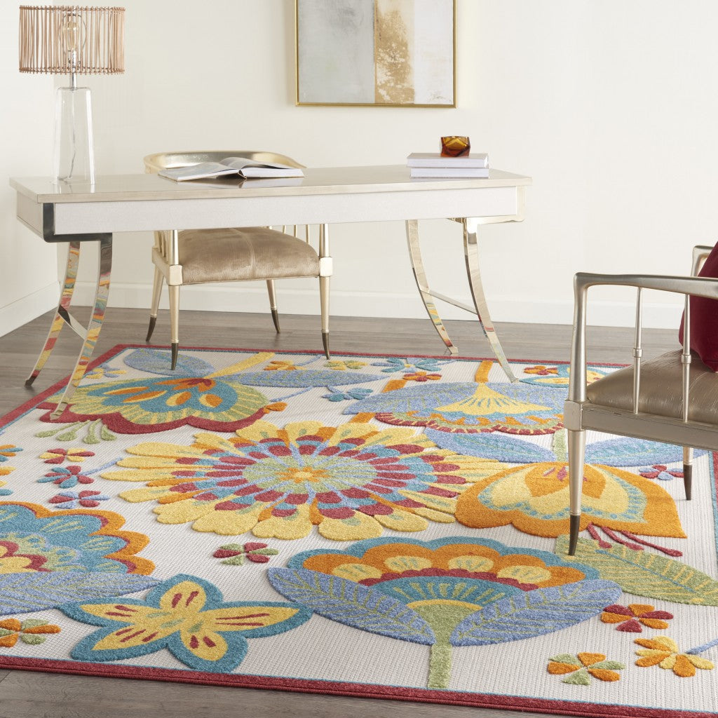 7' X 10' Yellow And Ivory Floral Indoor Outdoor Area Rug