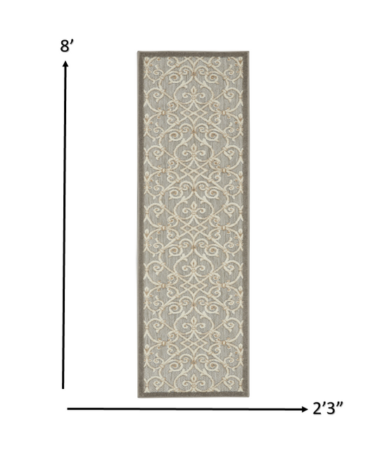 2' X 8' Gray And Ivory Floral Indoor Outdoor Area Rug