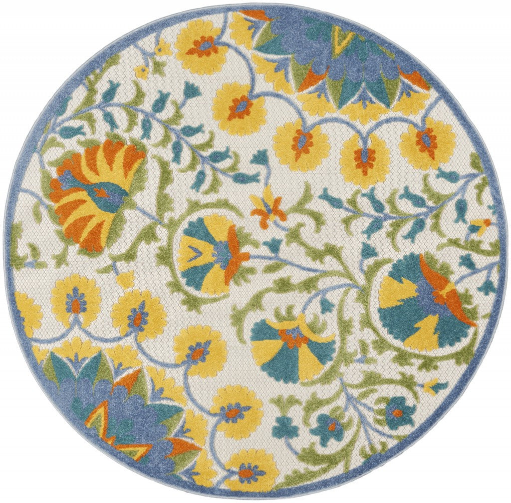 4' Round Ivory And Blue Round Floral Indoor Outdoor Area Rug