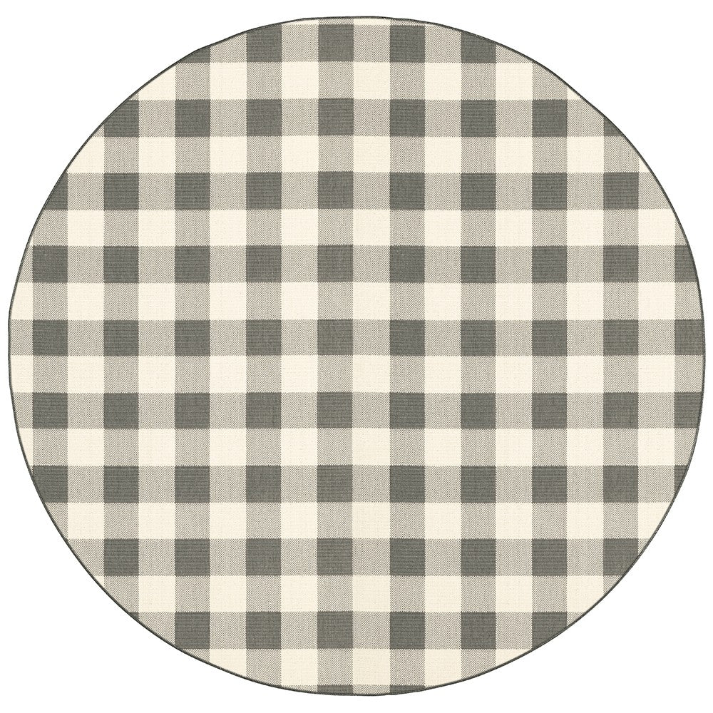 8' Round Gray and Ivory Round Gingham Stain Resistant Indoor Outdoor Area Rug