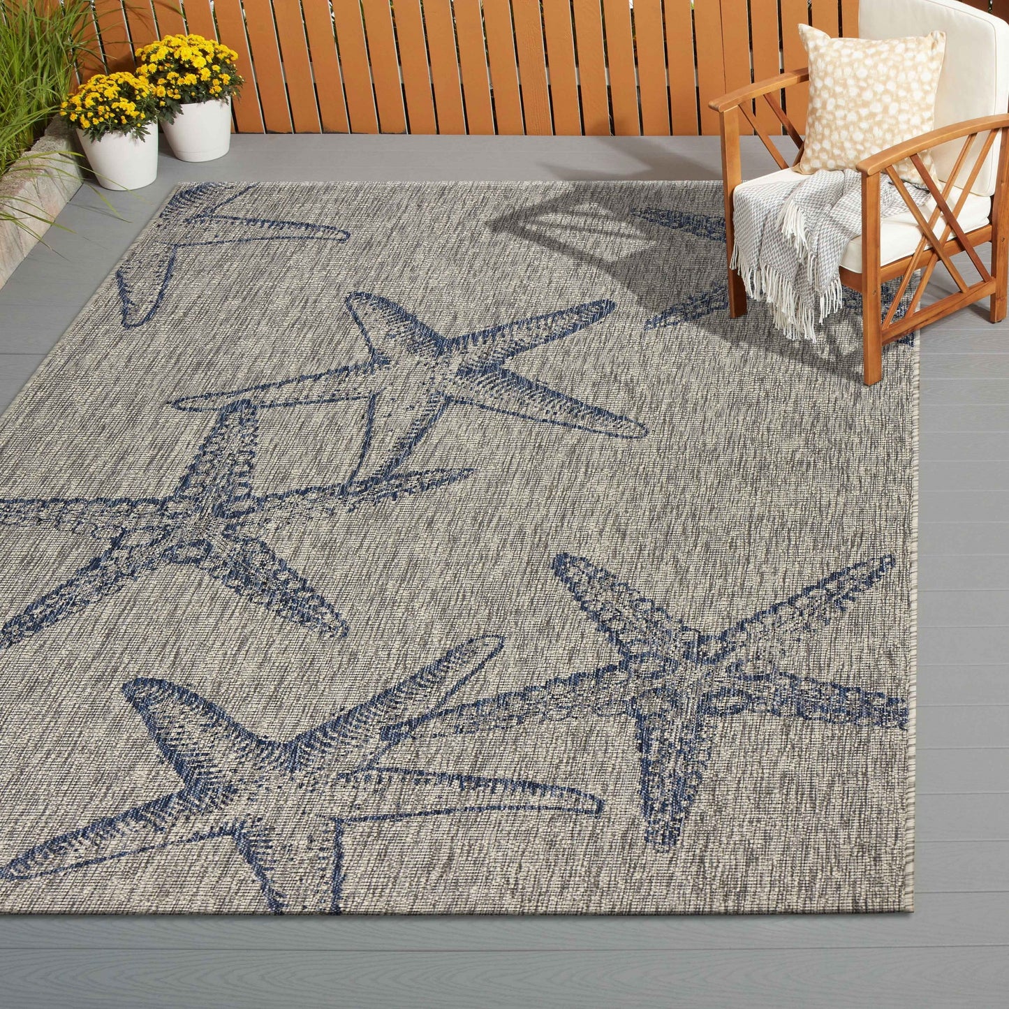 8' X 9' Blue And Gray Starfish Indoor Outdoor Area Rug