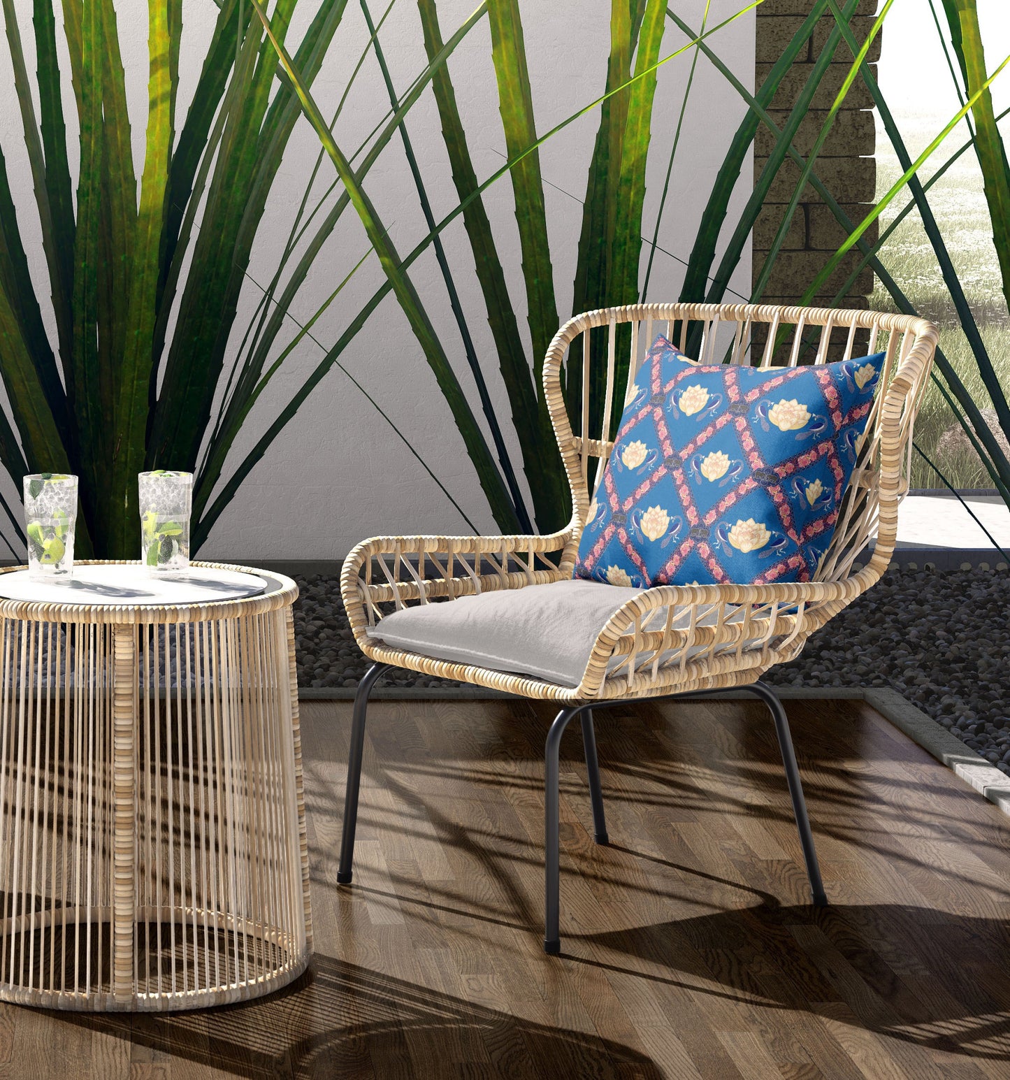 16" X 16" Blue And Pink Blown Seam Geometric Indoor Outdoor Throw Pillow