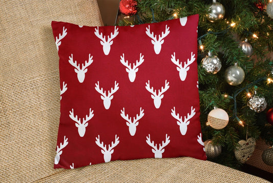 20" X 20" Red Gray And White Reindeer Zippered 100% Cotton Animal Print Throw Pillow Cover