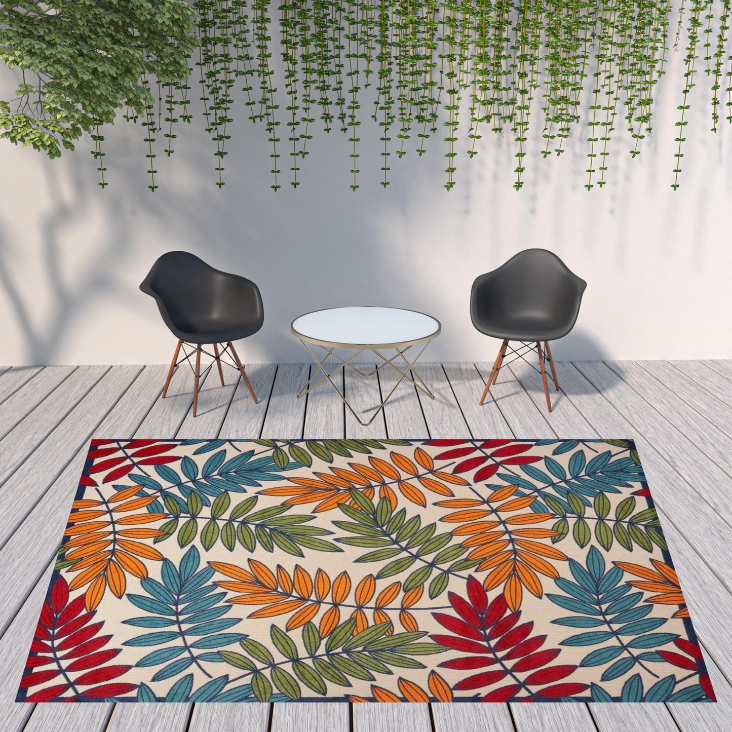9' X 12' Beige Green And Orange Floral Non Skid Indoor Outdoor Area Rug
