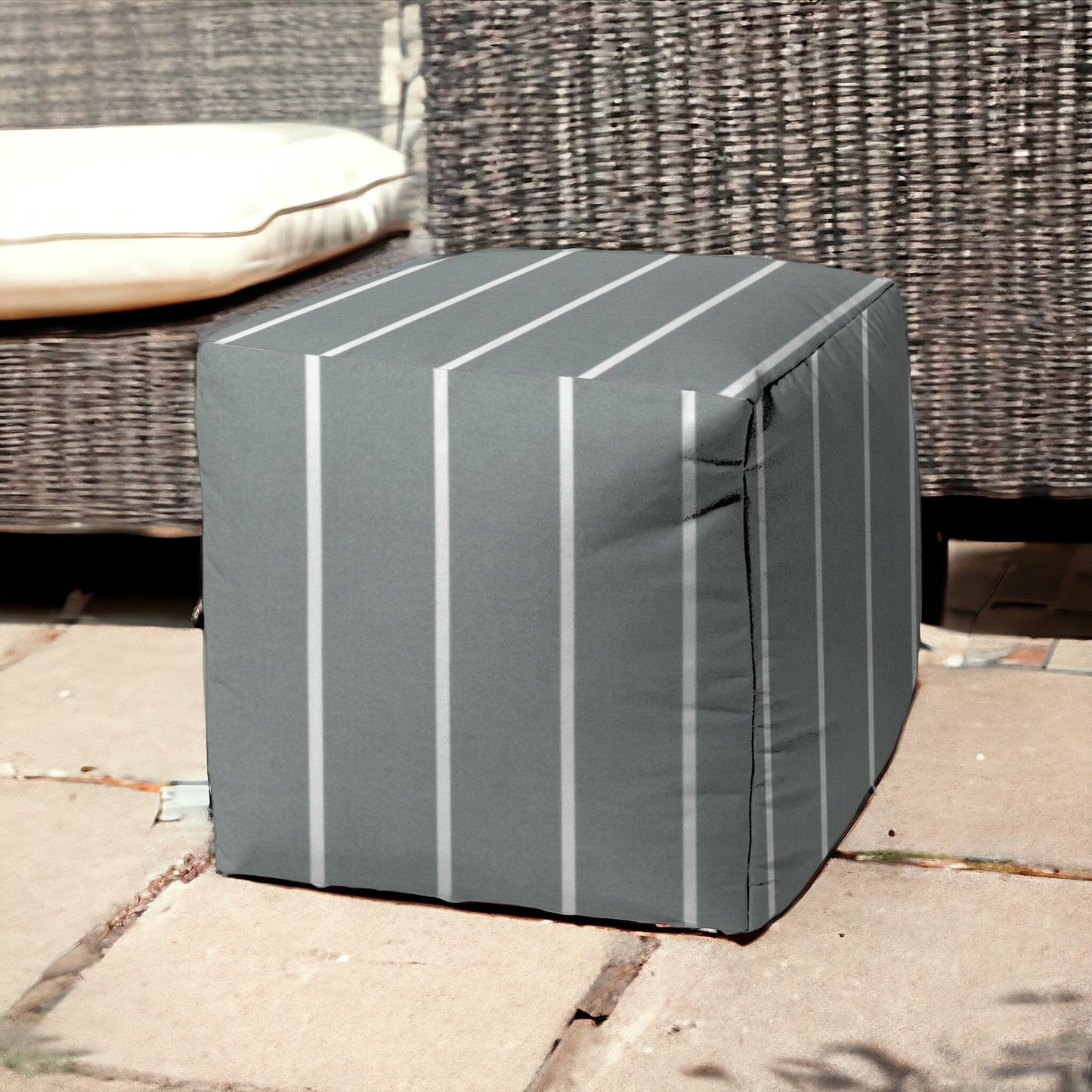 17" Gray Polyester Cube Striped Indoor Outdoor Pouf Ottoman