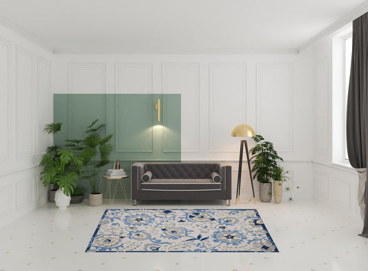 6' X 9' Blue And Grey Toile Non Skid Indoor Outdoor Area Rug