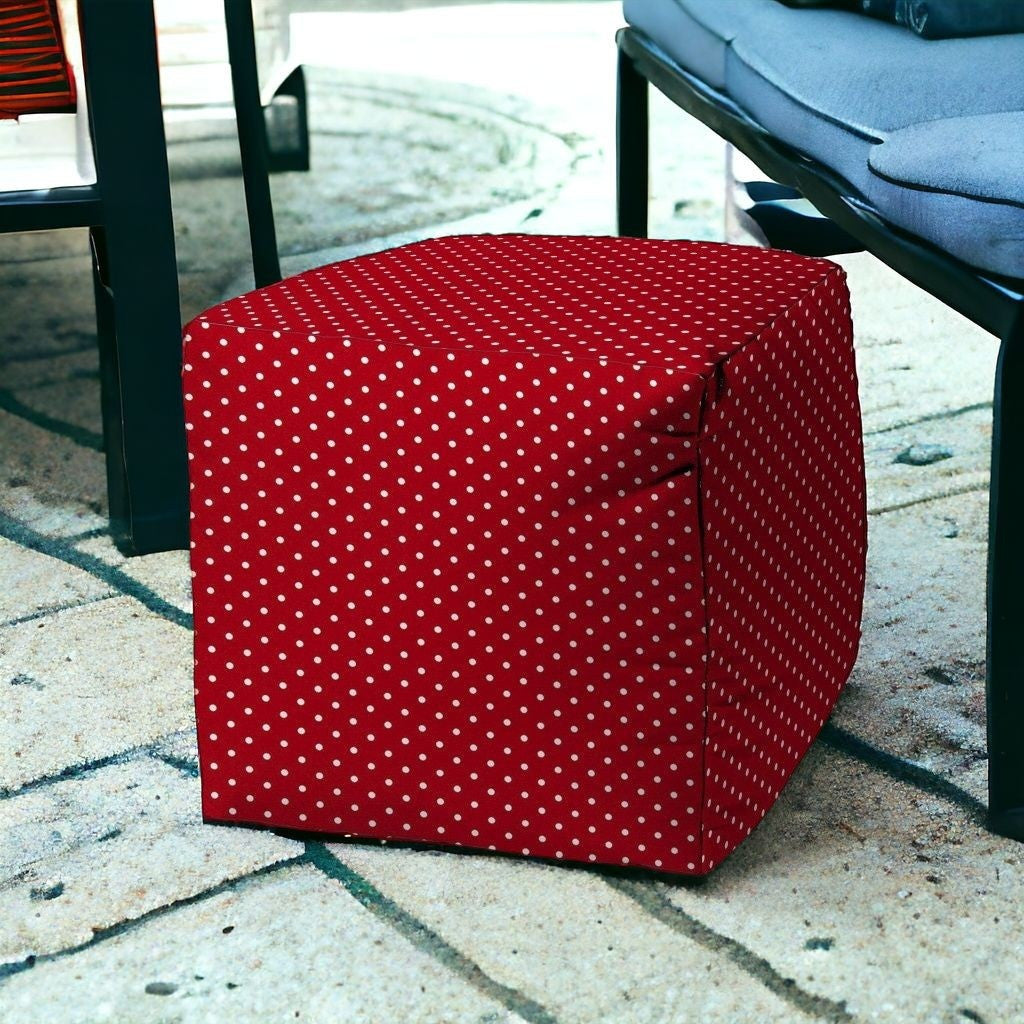 17" Red Polyester Cube Polka Dots Indoor Outdoor Pouf Ottoman