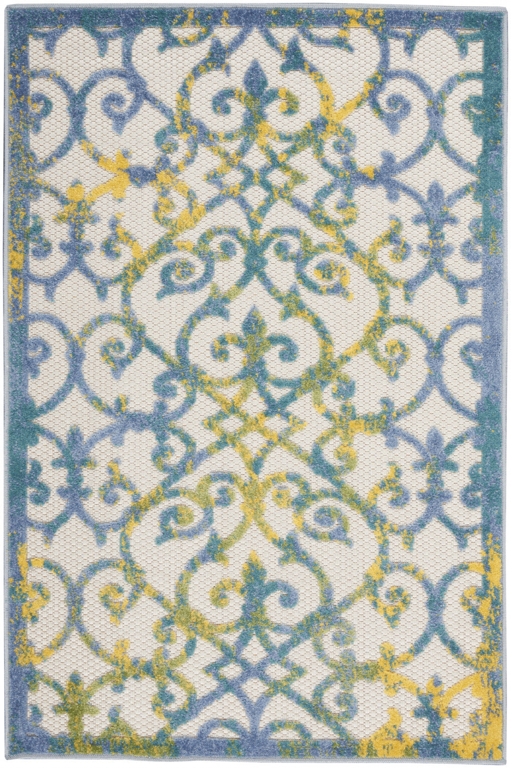 3' X 4' Ivory And Blue Damask Non Skid Indoor Outdoor Area Rug