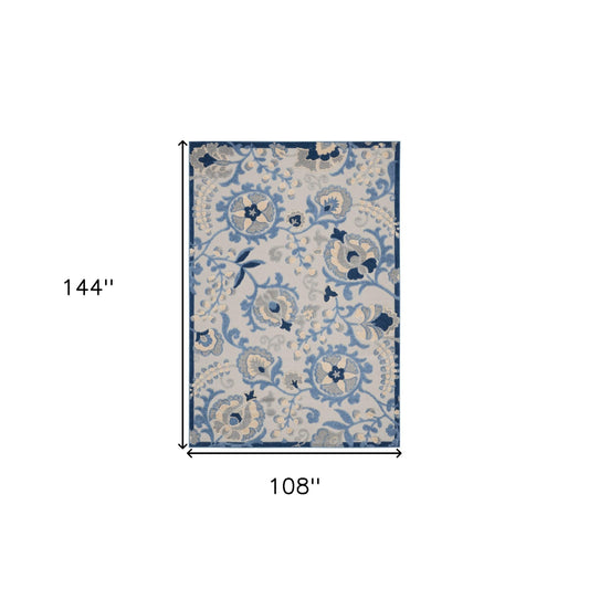9' X 12' Blue And Grey Toile Non Skid Indoor Outdoor Area Rug