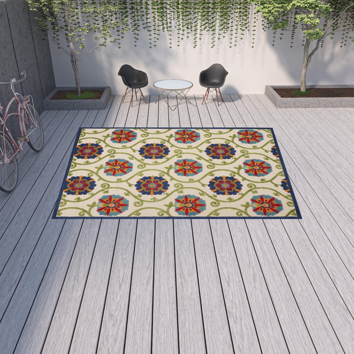 10' X 13' Blue Floral Non Skid Indoor Outdoor Area Rug