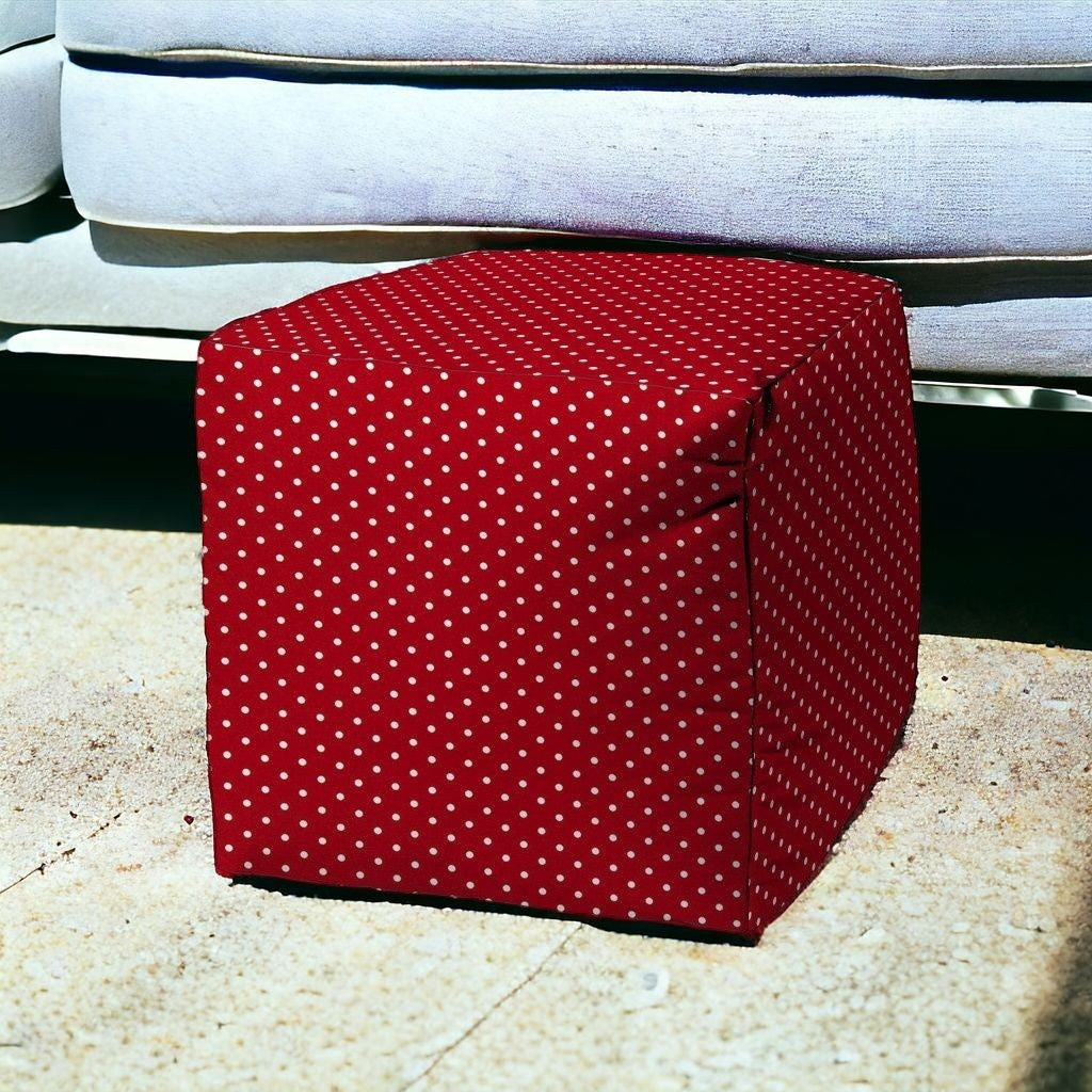 17" Red Polyester Cube Polka Dots Indoor Outdoor Pouf Ottoman