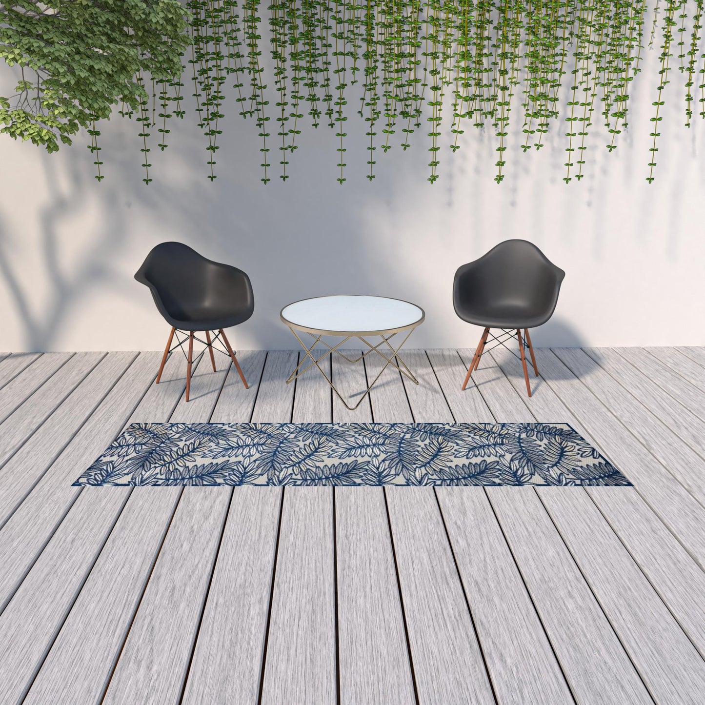 2' X 10' Ivory And Navy Floral Non Skid Indoor Outdoor Runner Rug