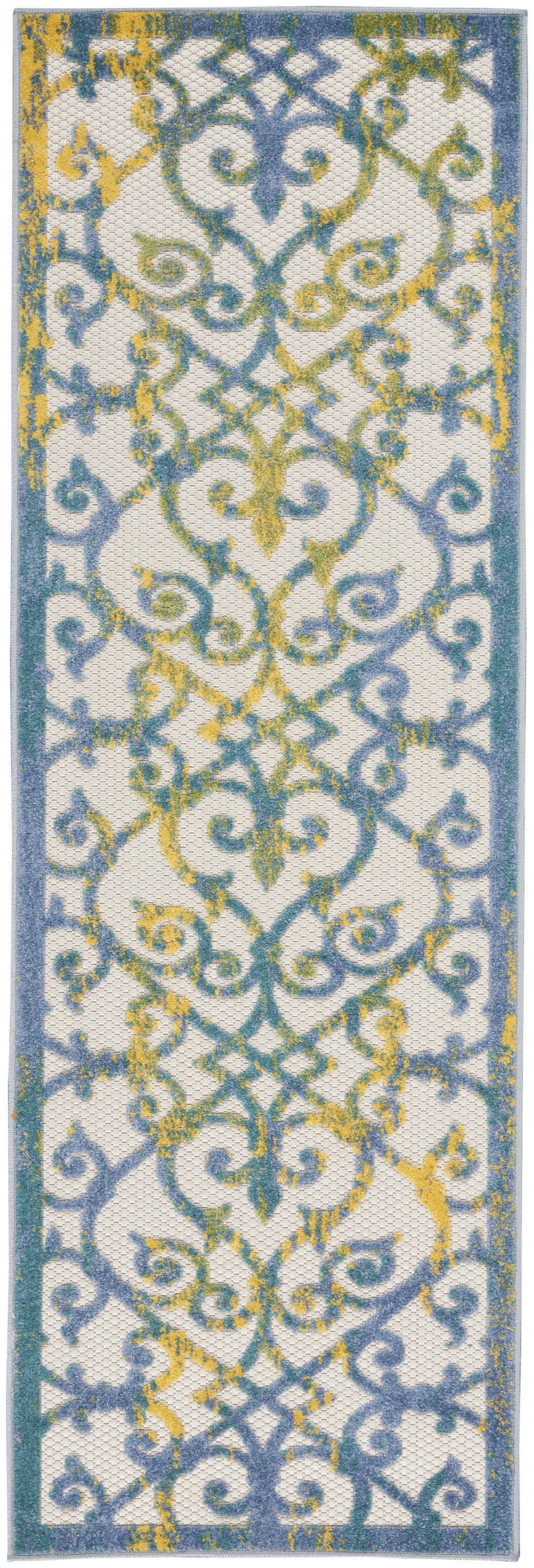 2' X 8' Ivory And Blue Damask Non Skid Indoor Outdoor Runner Rug