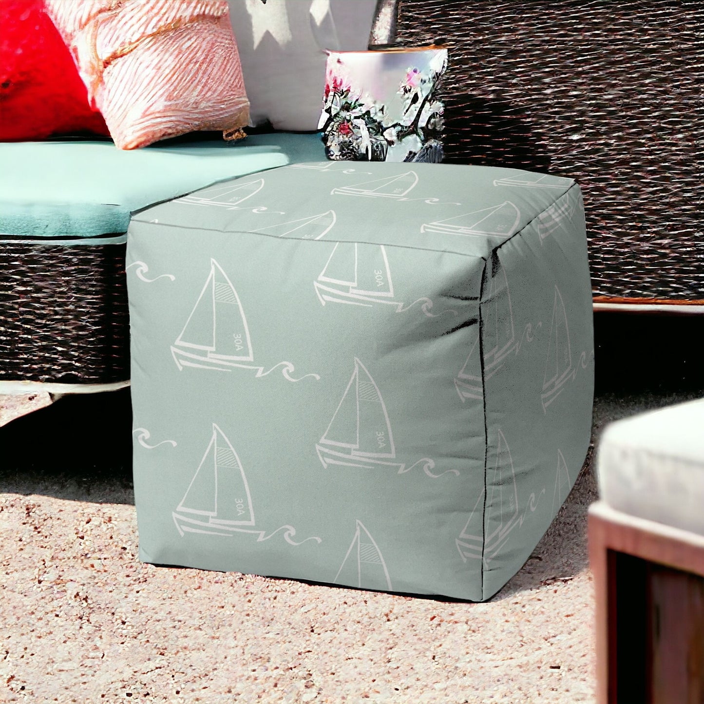 17" Green Polyester Cube Indoor Outdoor Pouf Ottoman