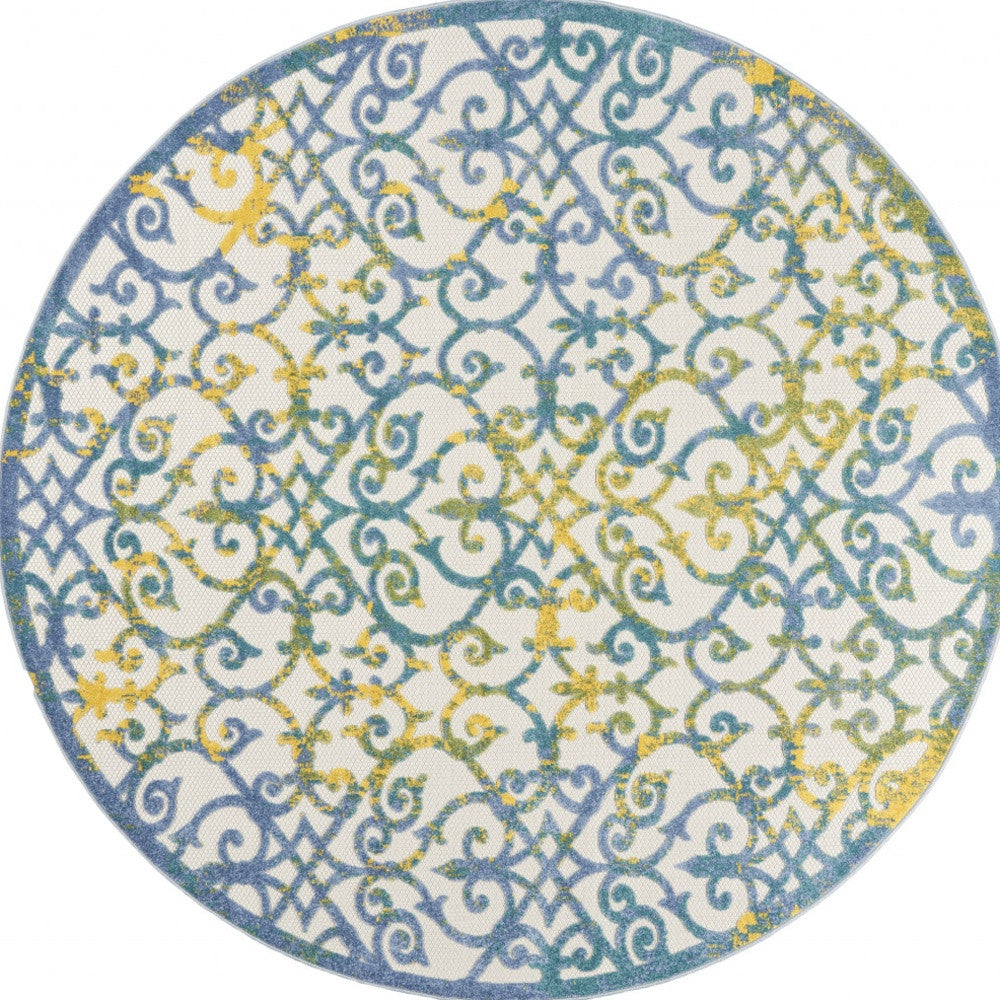 8' X 8' Ivory And Blue Round Damask Non Skid Indoor Outdoor Area Rug