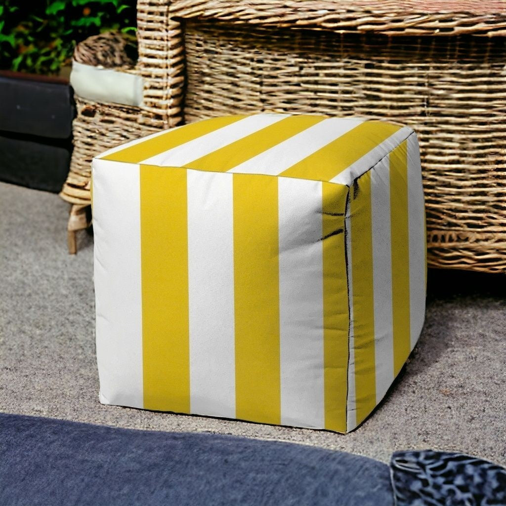 17" Yellow And White Polyester Cube Striped Indoor Outdoor Pouf Ottoman
