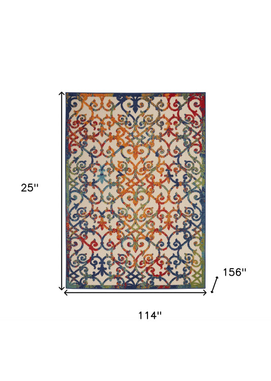 10' X 13' Ivory Blue And Green Damask Non Skid Indoor Outdoor Area Rug