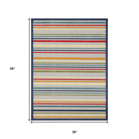 3' X 5' Ivory And Blue Striped Stain Resistant Indoor Outdoor Area Rug